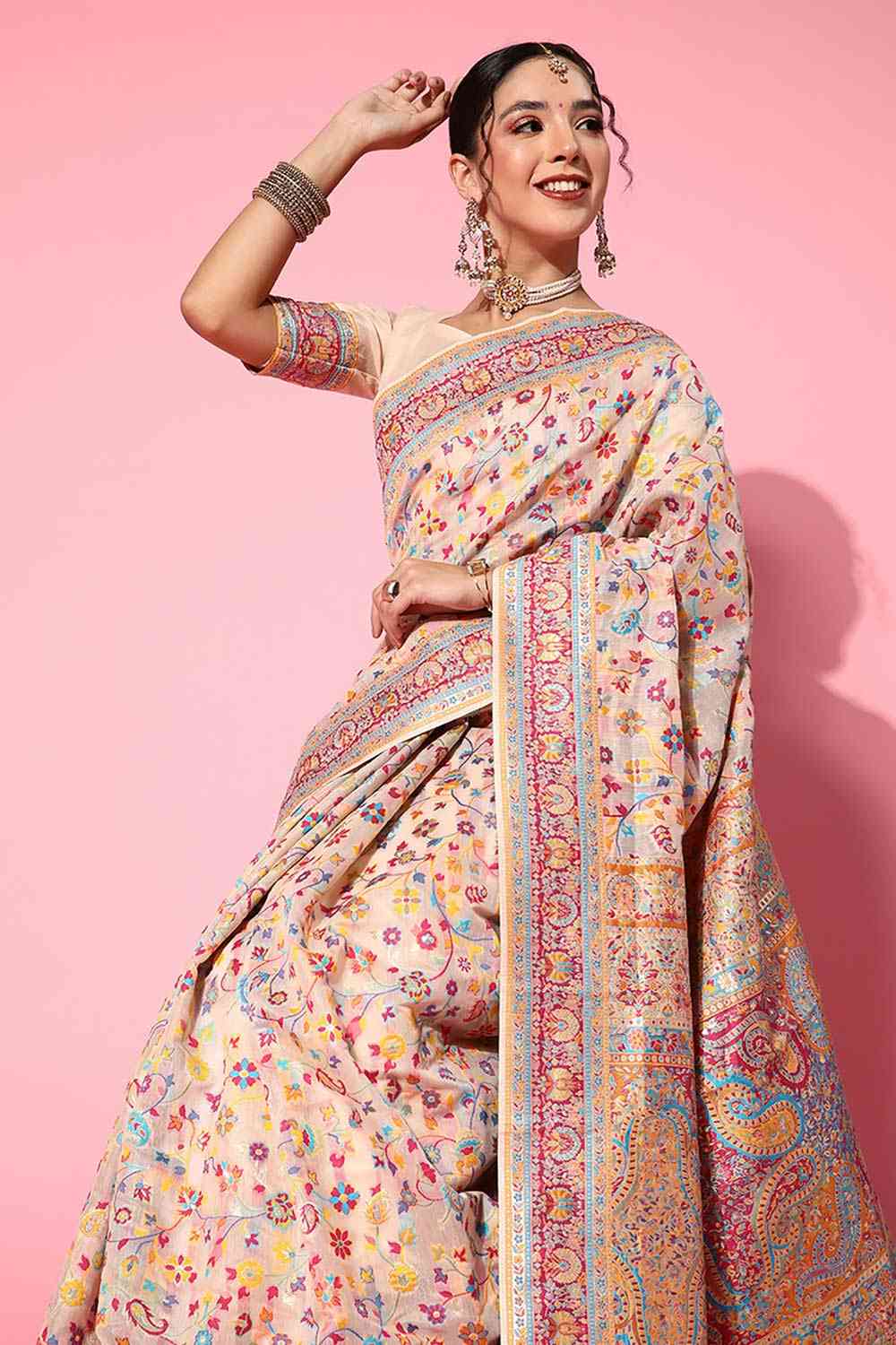 Buy Beige Art Silk Floral Design One Minute Saree Online - Side