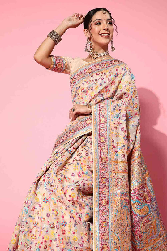 Buy Beige Art Silk Floral Design One Minute Saree Online - Side