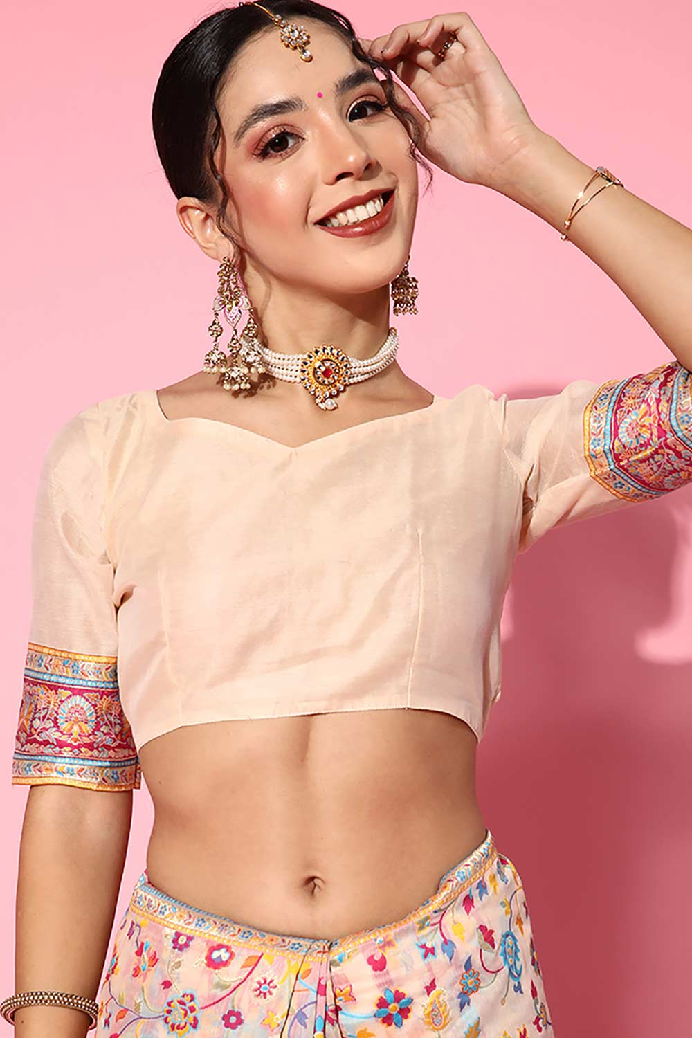 Buy Beige Art Silk Floral Design One Minute Saree Online - Zoom In