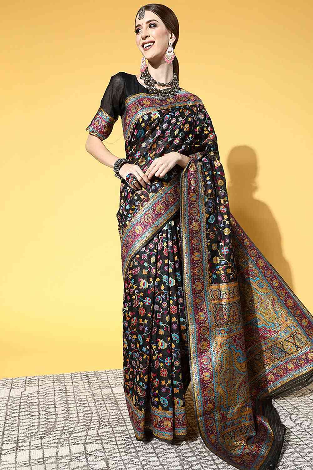 Buy Black Art Silk Floral Design One Minute Saree Online