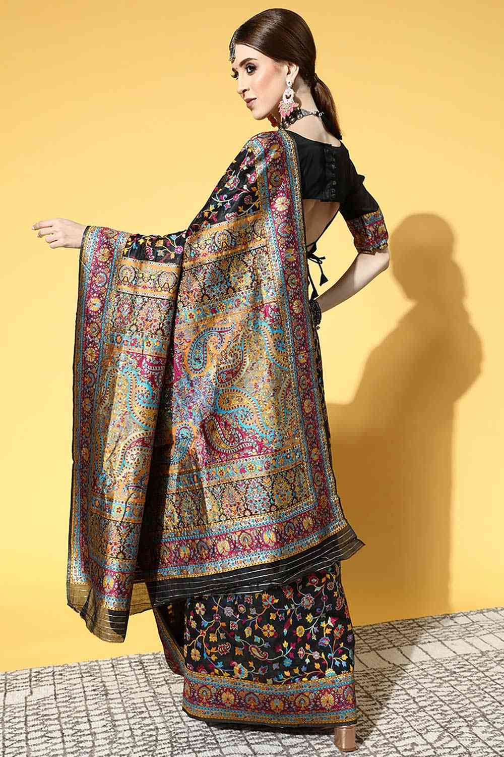 Buy Black Art Silk Floral Design One Minute Saree Online - Back