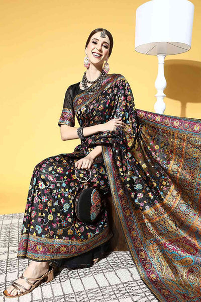 Buy Black Art Silk Floral Design One Minute Saree Online - Front