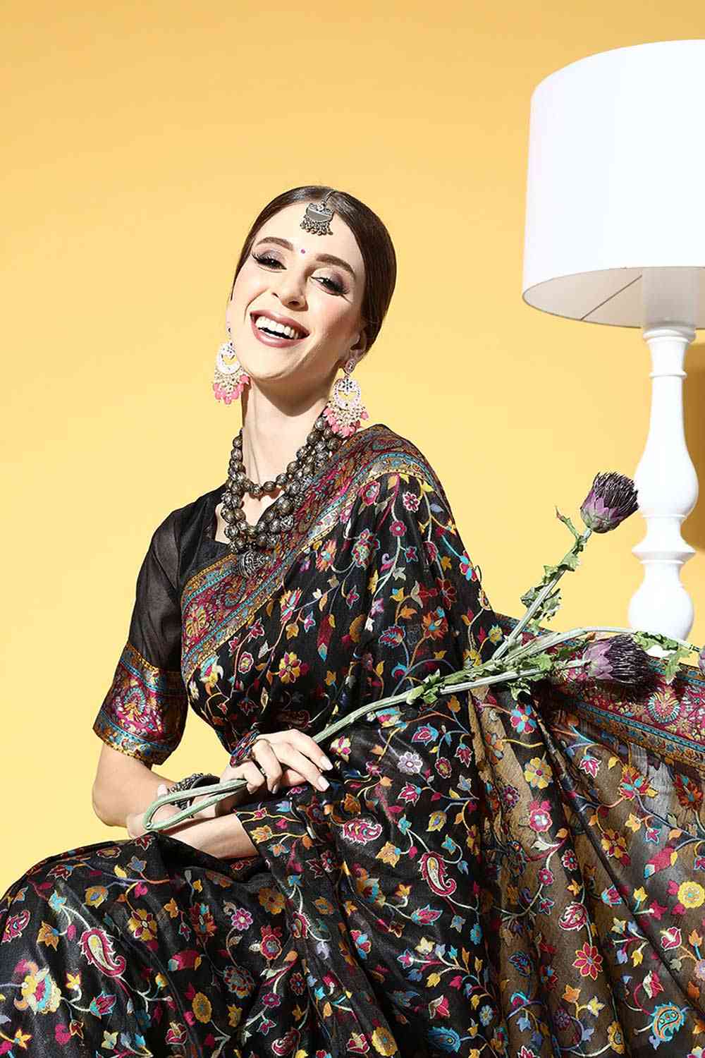 Buy Black Art Silk Floral Design One Minute Saree Online - Side