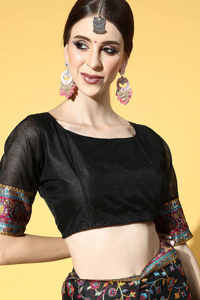 Buy Black Art Silk Floral Design One Minute Saree Online - Zoom In