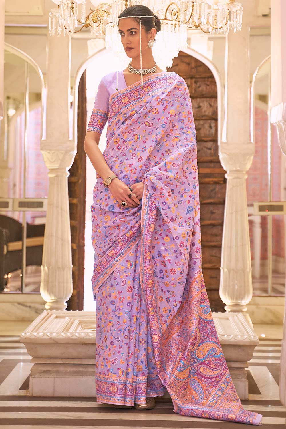 Buy Lavender Art Silk Floral Design One Minute Saree Online