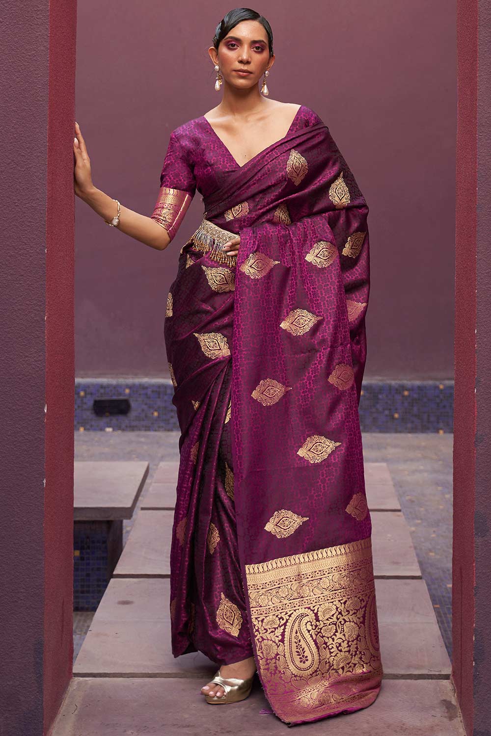 Vera Purple Pure Silk Bagh Woven Design Banarasi One Minute Saree