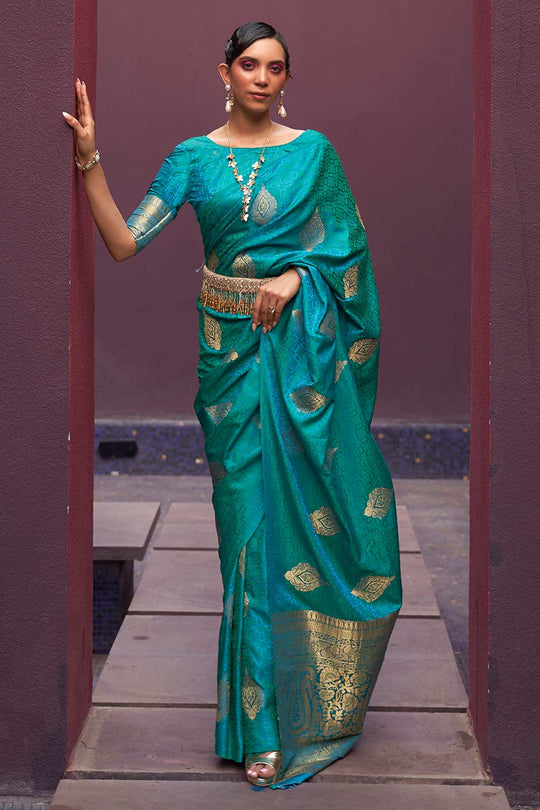 Usha Teal Blue Pure Silk Banarasi One Minute Saree