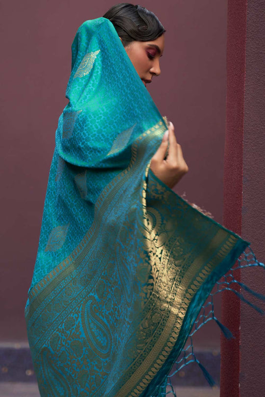 Usha Teal Blue Pure Silk Banarasi One Minute Saree