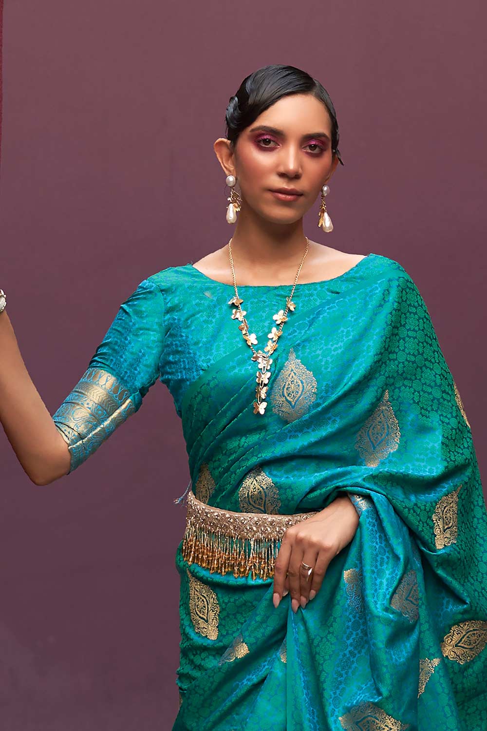 Usha Teal Blue Pure Silk Banarasi One Minute Saree