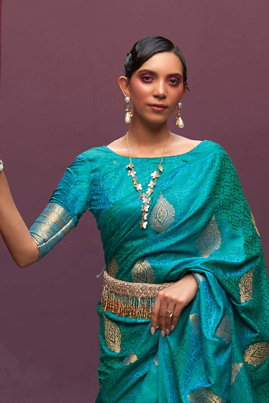 Usha Teal Blue Pure Silk Banarasi One Minute Saree
