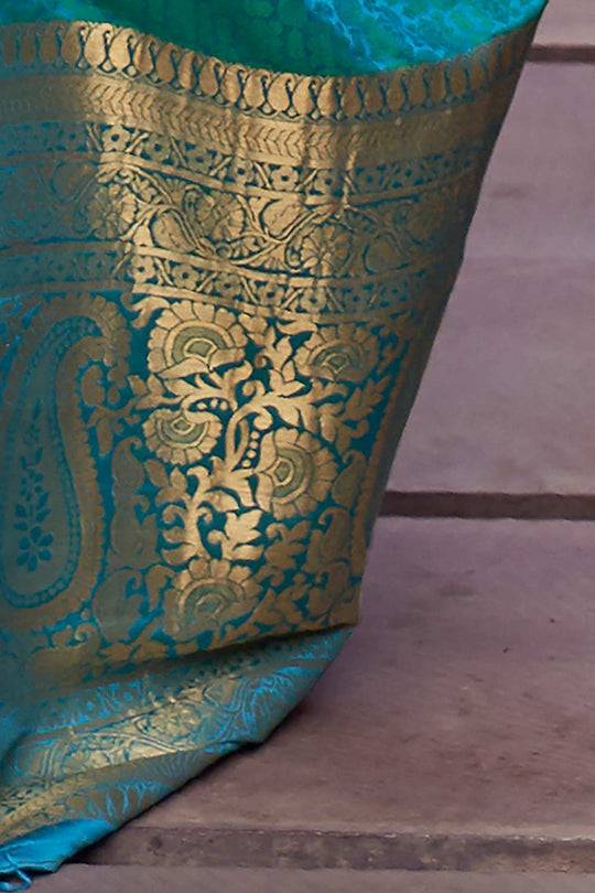 Usha Teal Blue Pure Silk Banarasi One Minute Saree