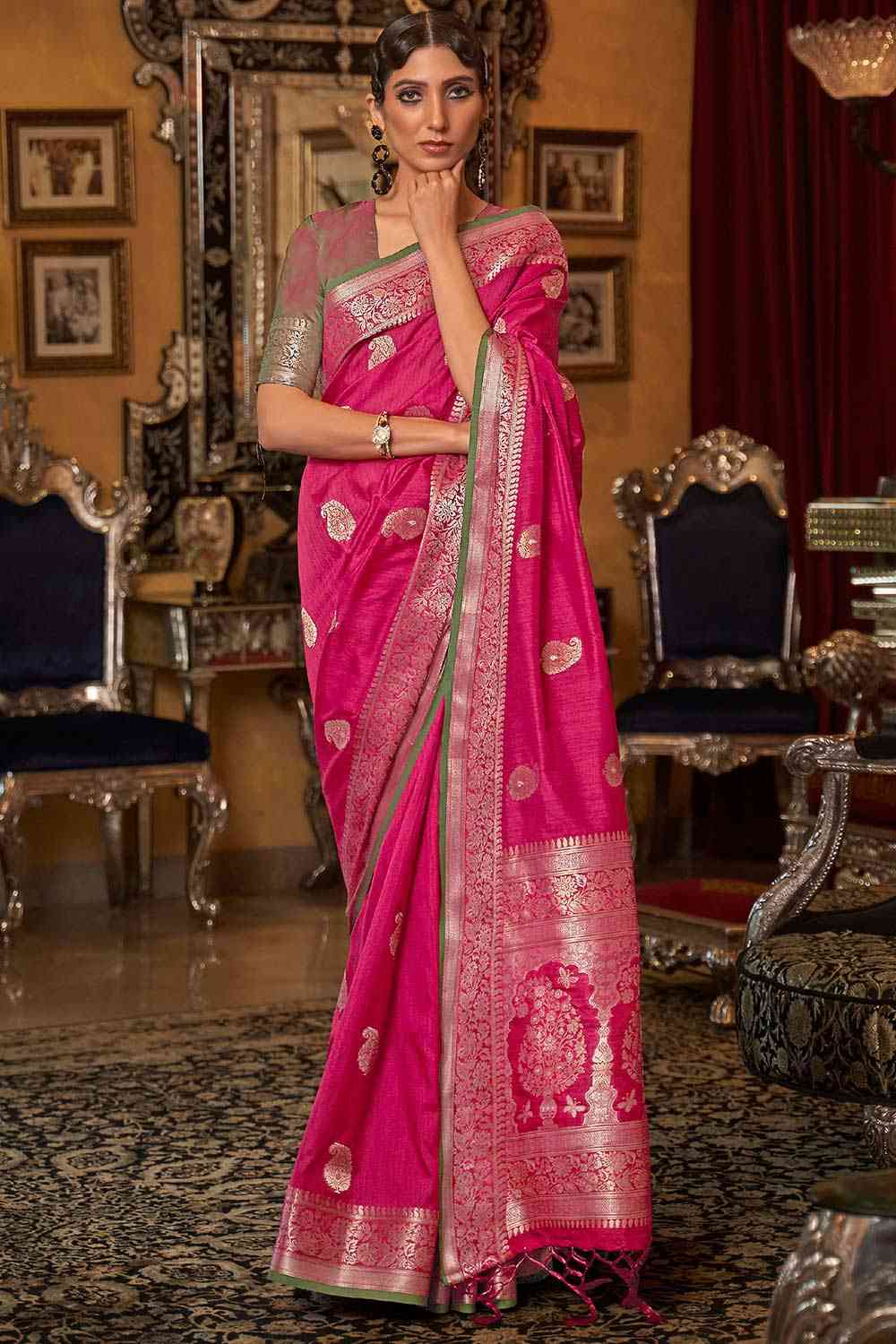 Mina Pink Silk Blend Bagh Banarasi One Minute Saree
