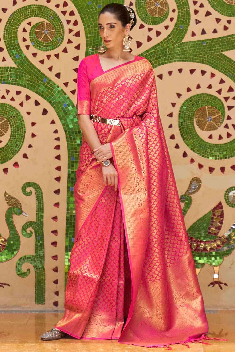 Gauri Pink Silk Blend Floral Banarasi One Minute Saree