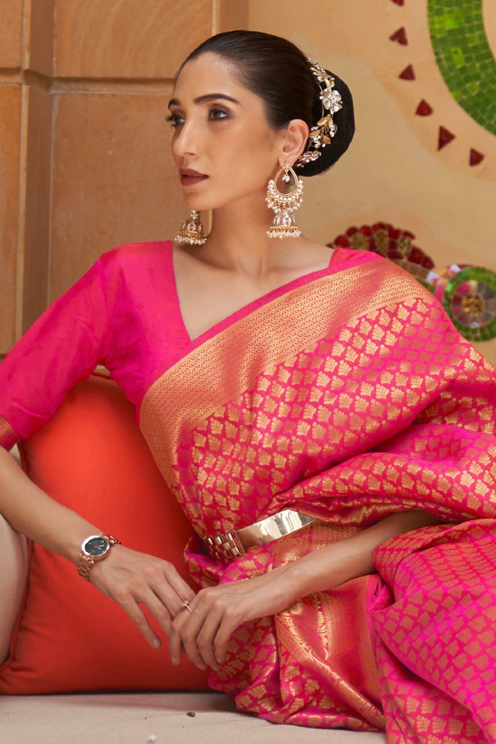 Gauri Pink Silk Woven Ready to Wear One Minute Saree