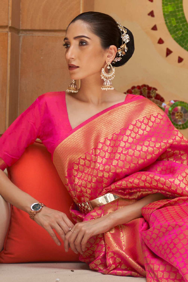 Gauri Pink Silk Blend Floral Banarasi One Minute Saree