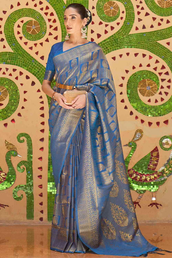 Chari Blue Silk Blend Banarasi One Minute Saree