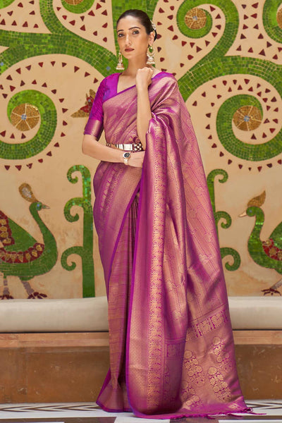 Maya Magenta Silk Blend Floral Woven Design Banarasi One Minute Saree