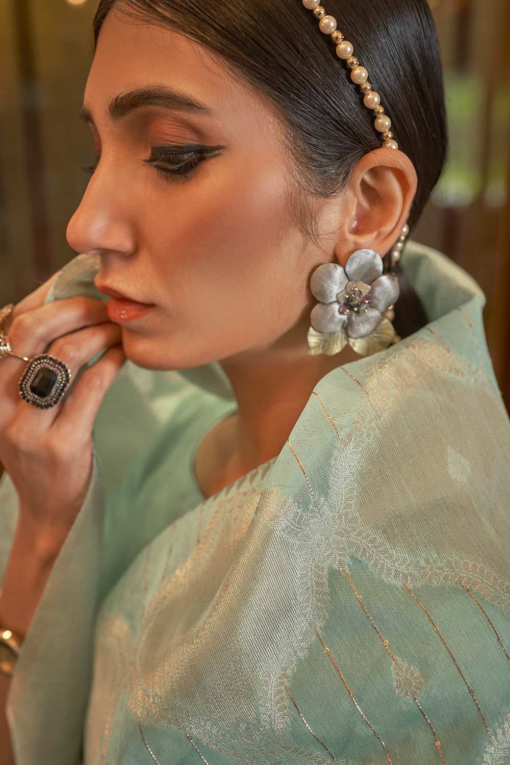 Marie Sea Green Silk Blend Embroidered Banarasi One Minute Saree