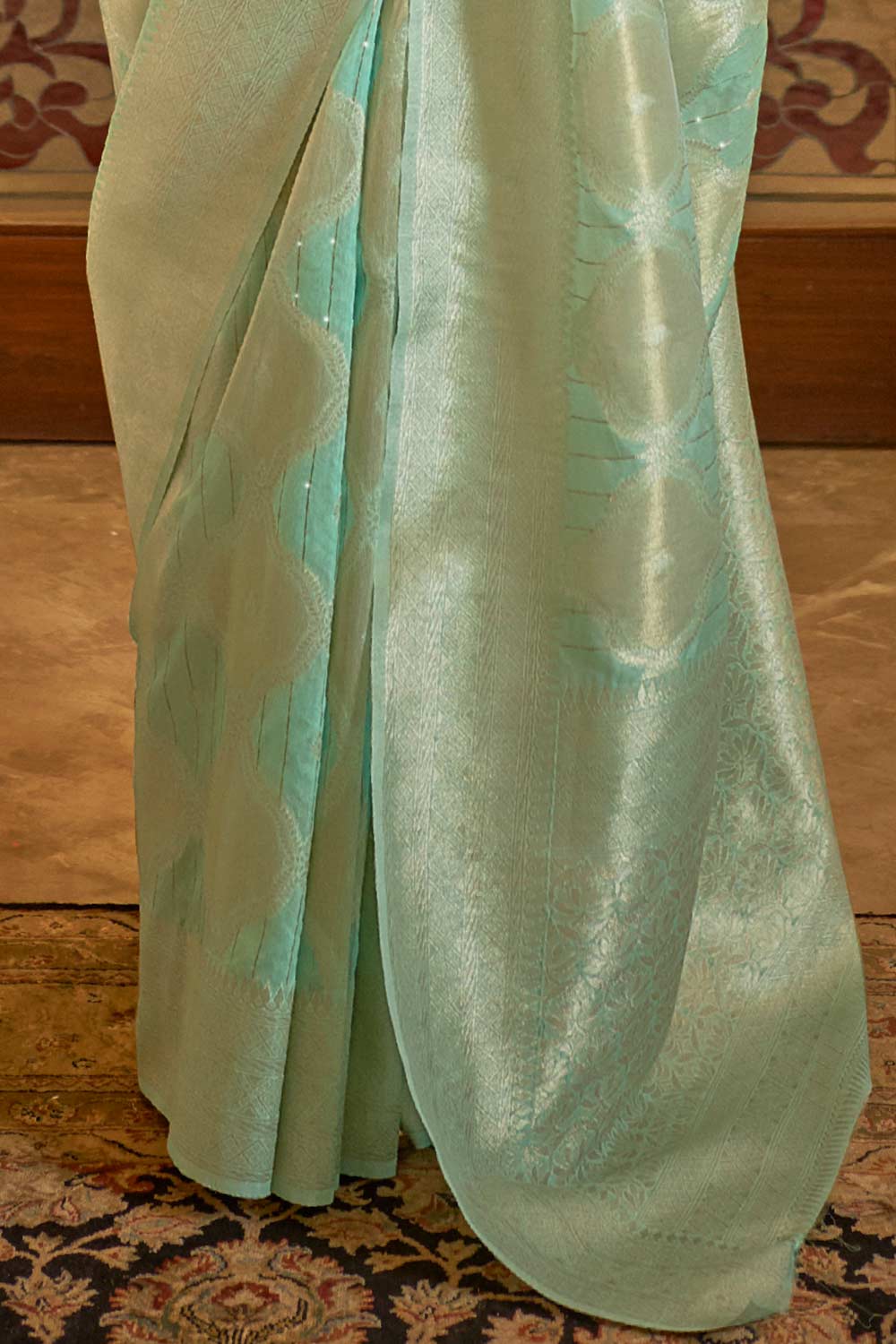 Korin Sea Green Modal Silk Zari & Sequins One Minute Saree