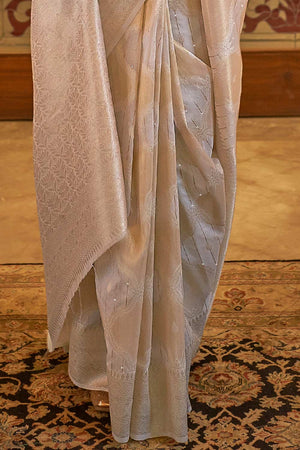 Surbhi Grey Silk Blend Ethnic Motif Embroidered Banarasi One Minute Saree