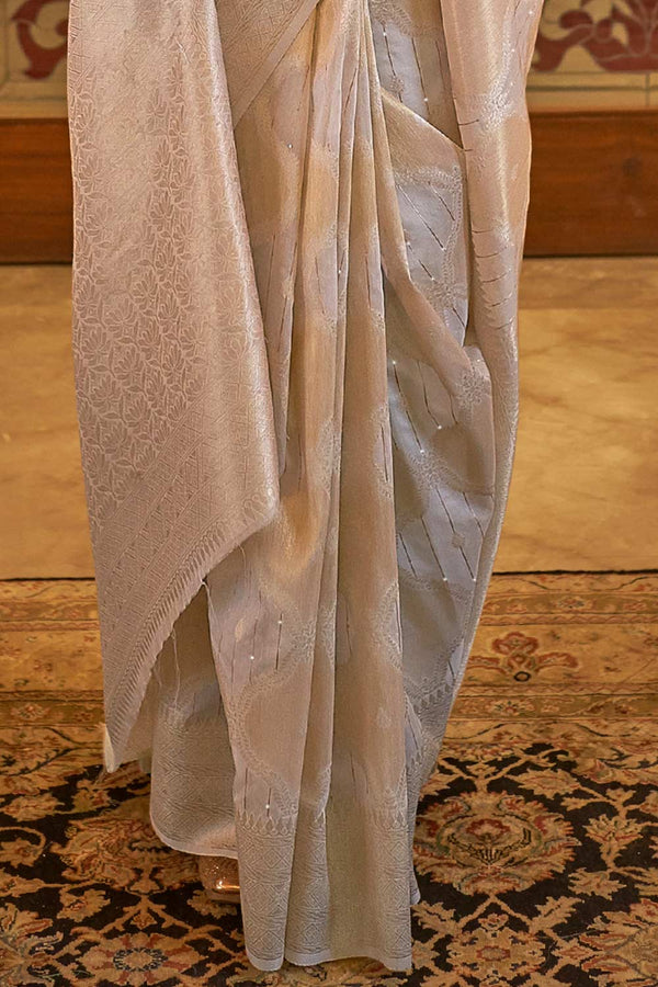 Surbhi Grey Silk Blend Ethnic Motif Embroidered Banarasi One Minute Saree