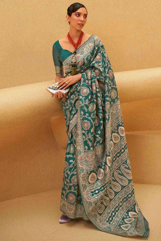 Buy Teal blue Art Silk Ethnic Motif Design One Minute Saree Online