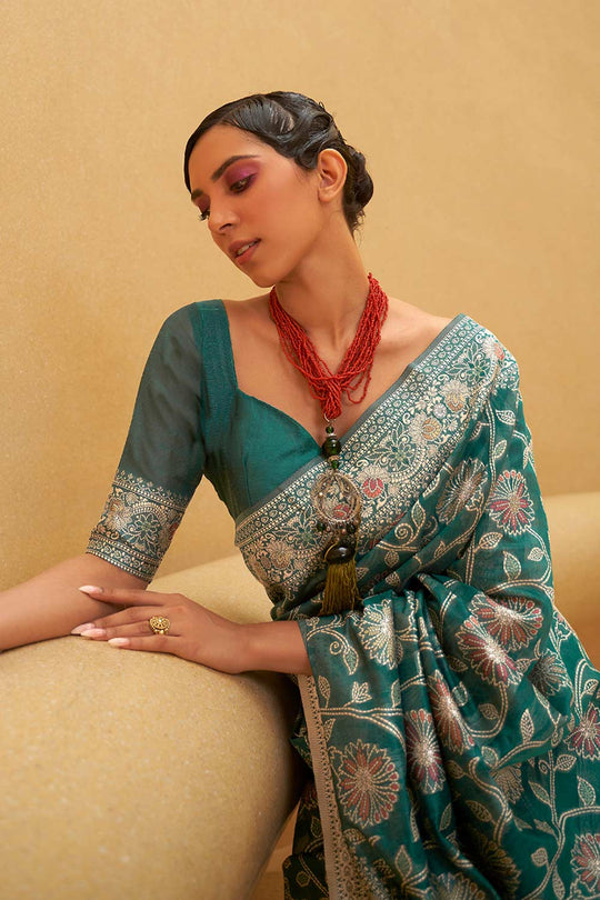 Buy Teal blue Art Silk Ethnic Motif Design One Minute Saree Online - Back