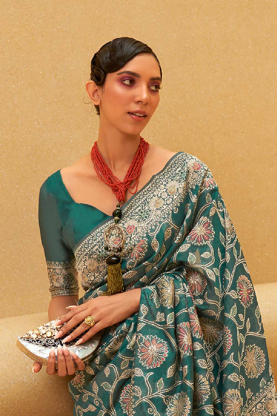 Buy Teal blue Art Silk Ethnic Motif Design One Minute Saree Online - Front