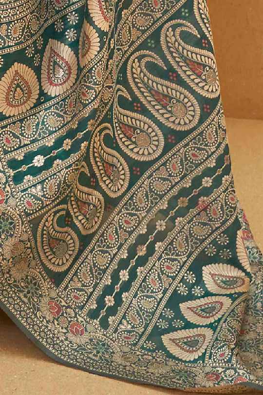 Buy Teal blue Art Silk Ethnic Motif Design One Minute Saree Online - Side