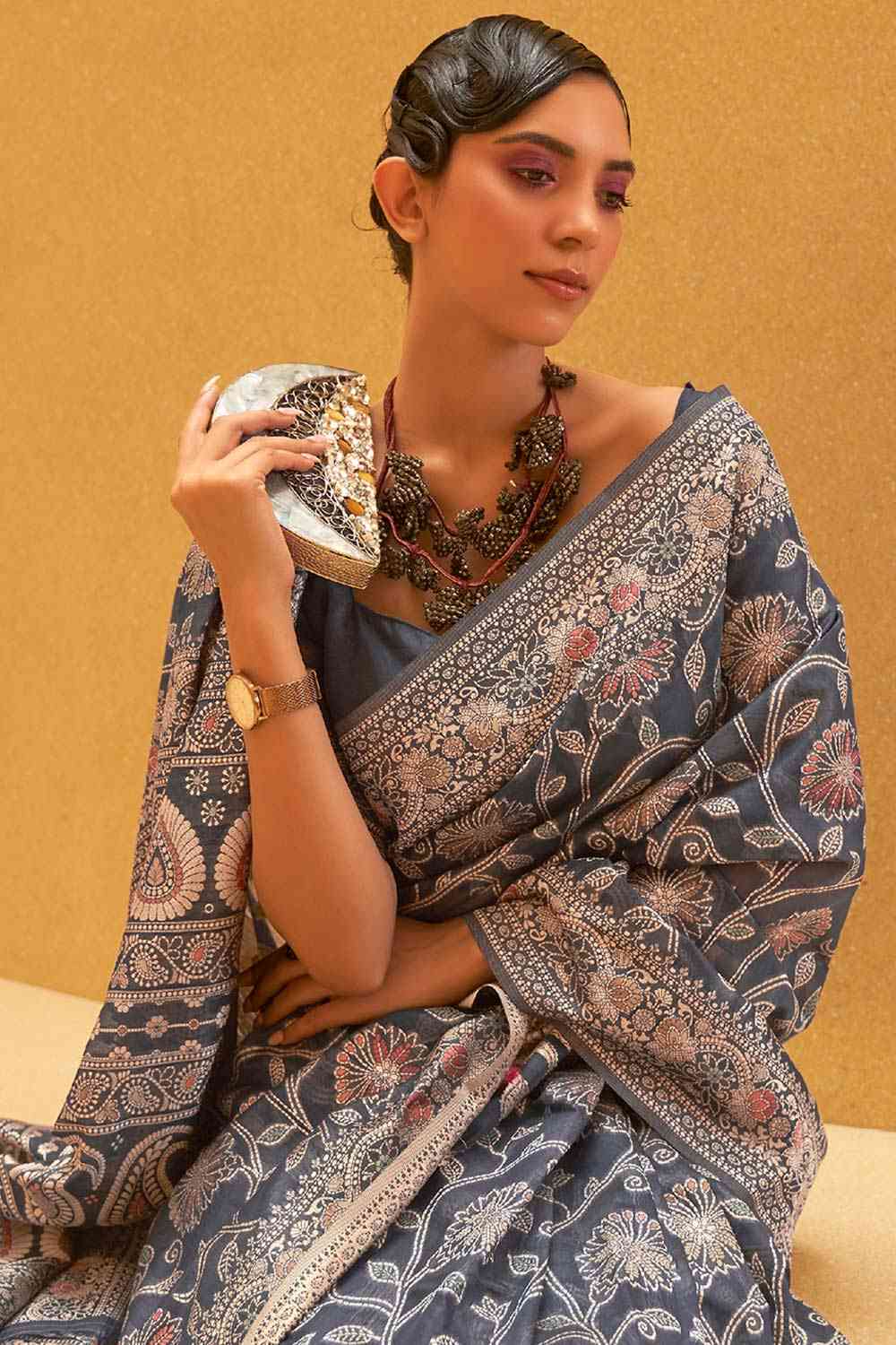 Buy Grey Art Silk Ethnic Motif Design One Minute Saree Online - Back