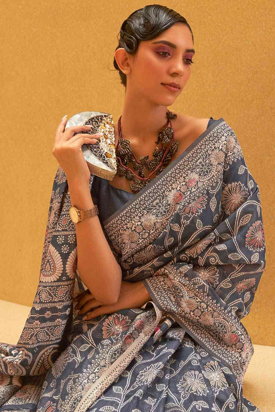 Buy Grey Art Silk Ethnic Motif Design One Minute Saree Online - Back