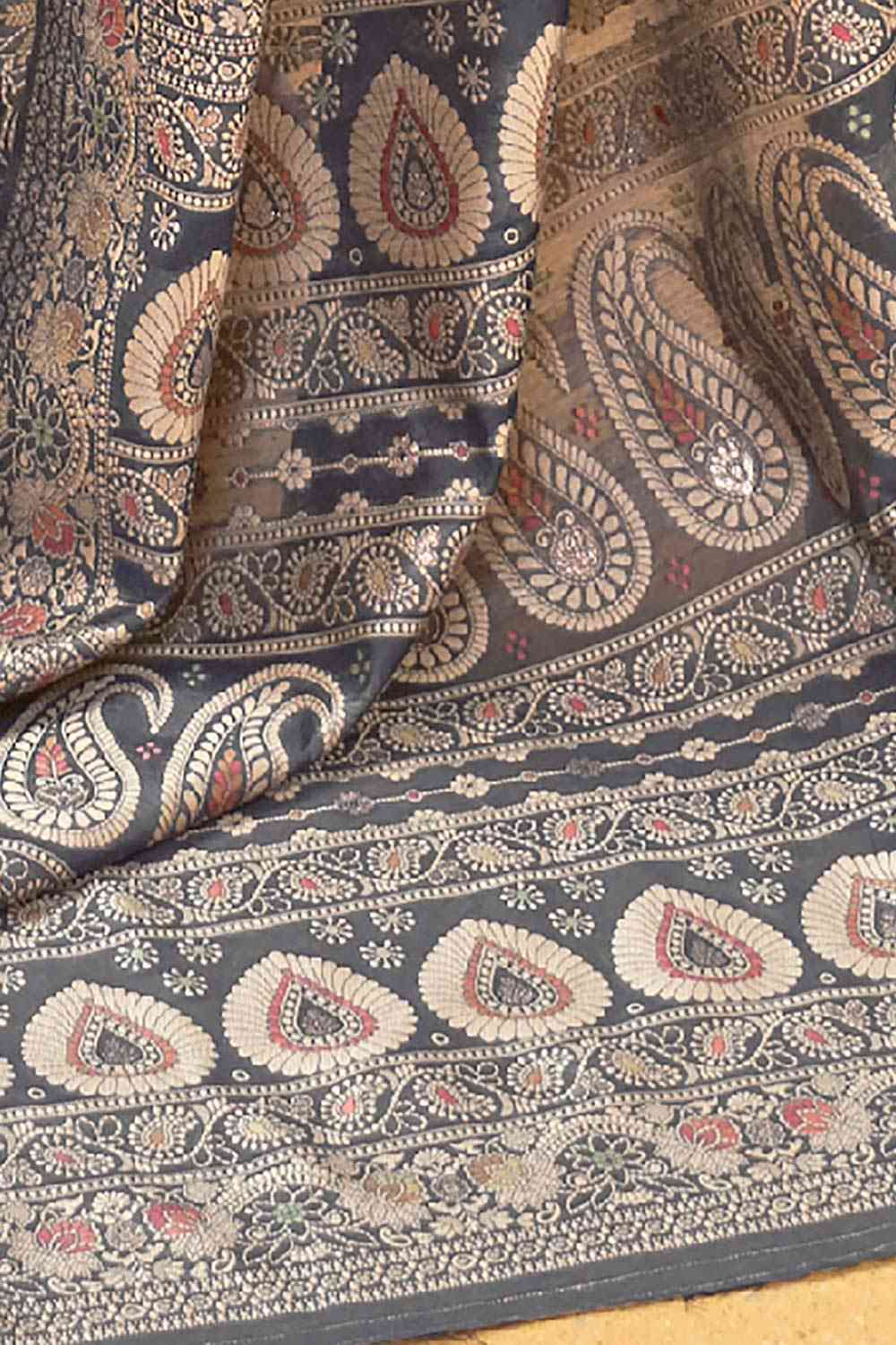 Buy Grey Art Silk Ethnic Motif Design One Minute Saree Online - Side