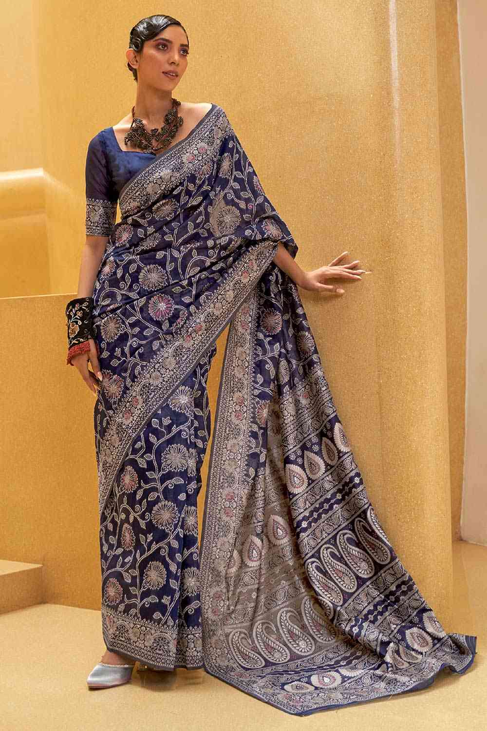 Buy Navy Blue Art Silk Ethnic Motif Design One Minute Saree Online