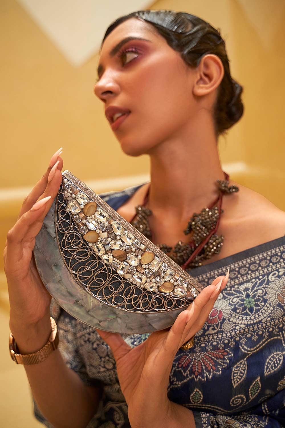 Buy Navy Blue Art Silk Ethnic Motif Design One Minute Saree Online - Back