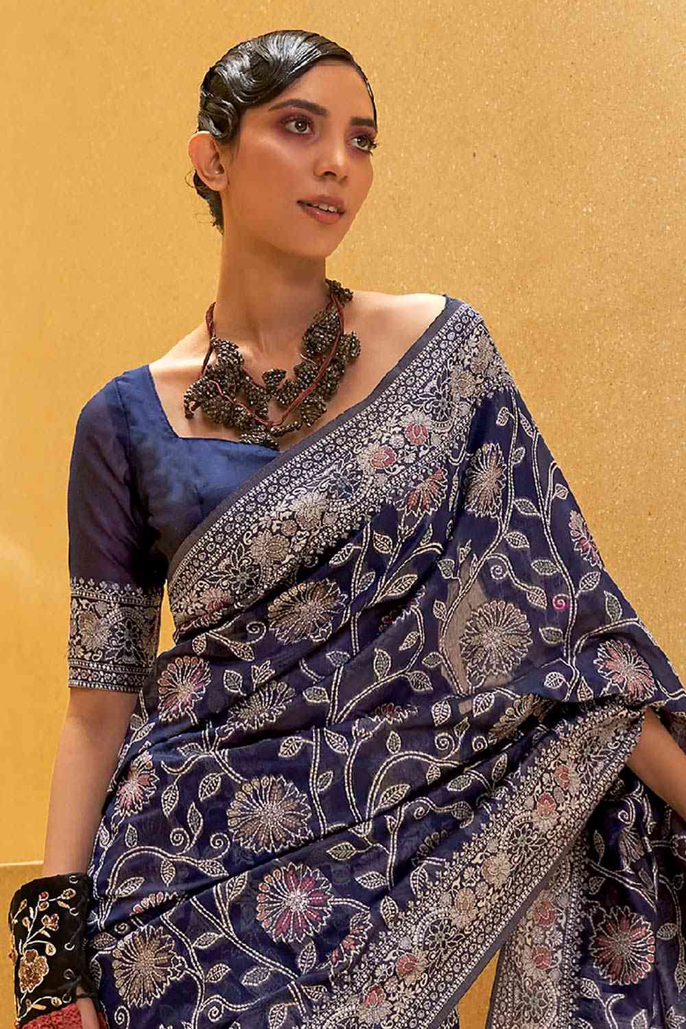 Buy Navy Blue Art Silk Ethnic Motif Design One Minute Saree Online - Front