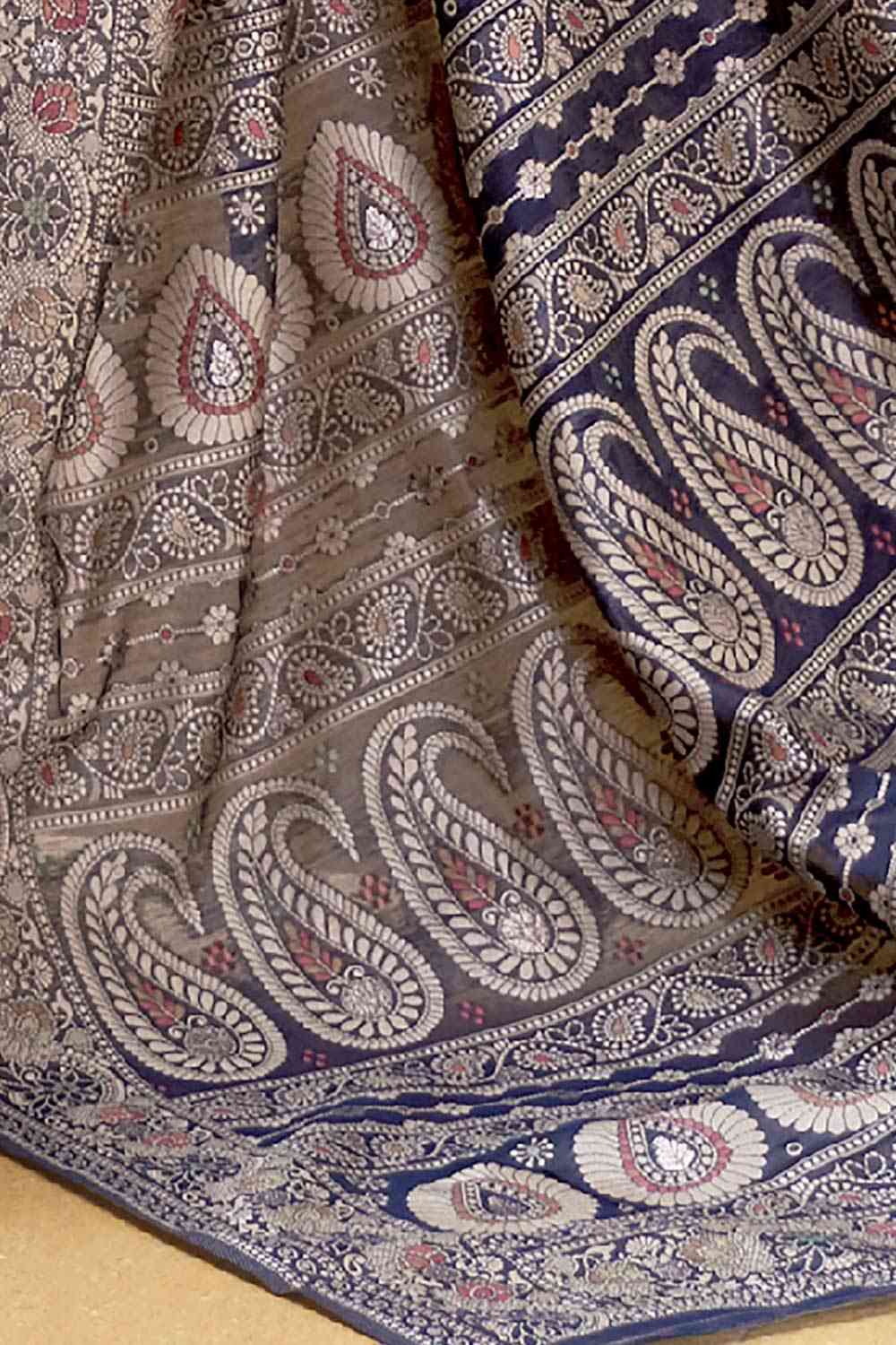 Buy Navy Blue Art Silk Ethnic Motif Design One Minute Saree Online - Side