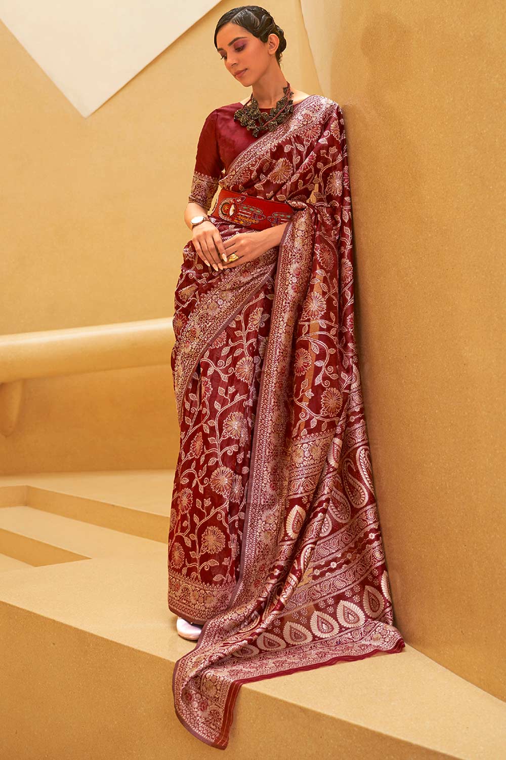 Buy Maroon Art Silk Ethnic Motif Design One Minute Saree Online