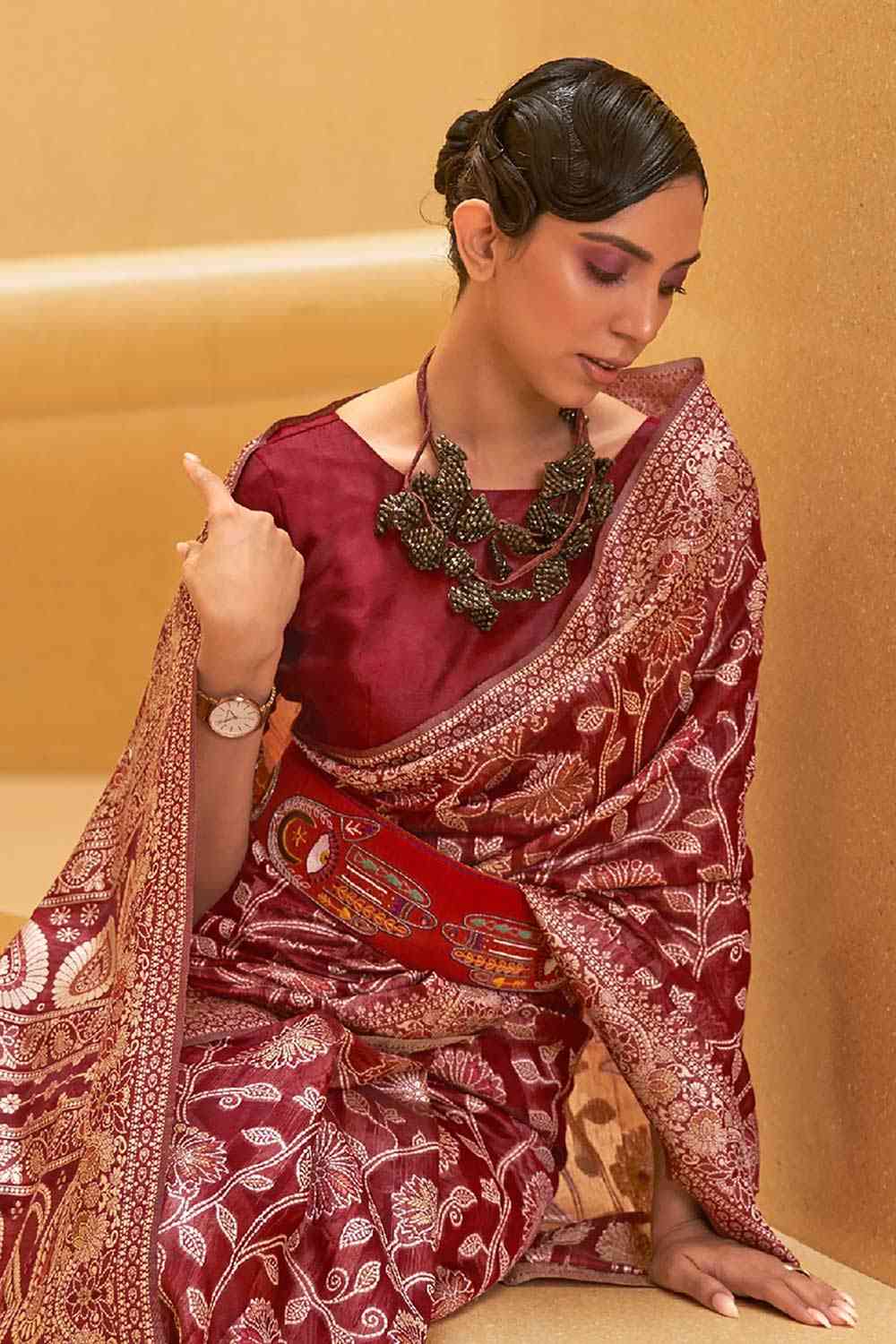 Buy Maroon Art Silk Ethnic Motif Design One Minute Saree Online