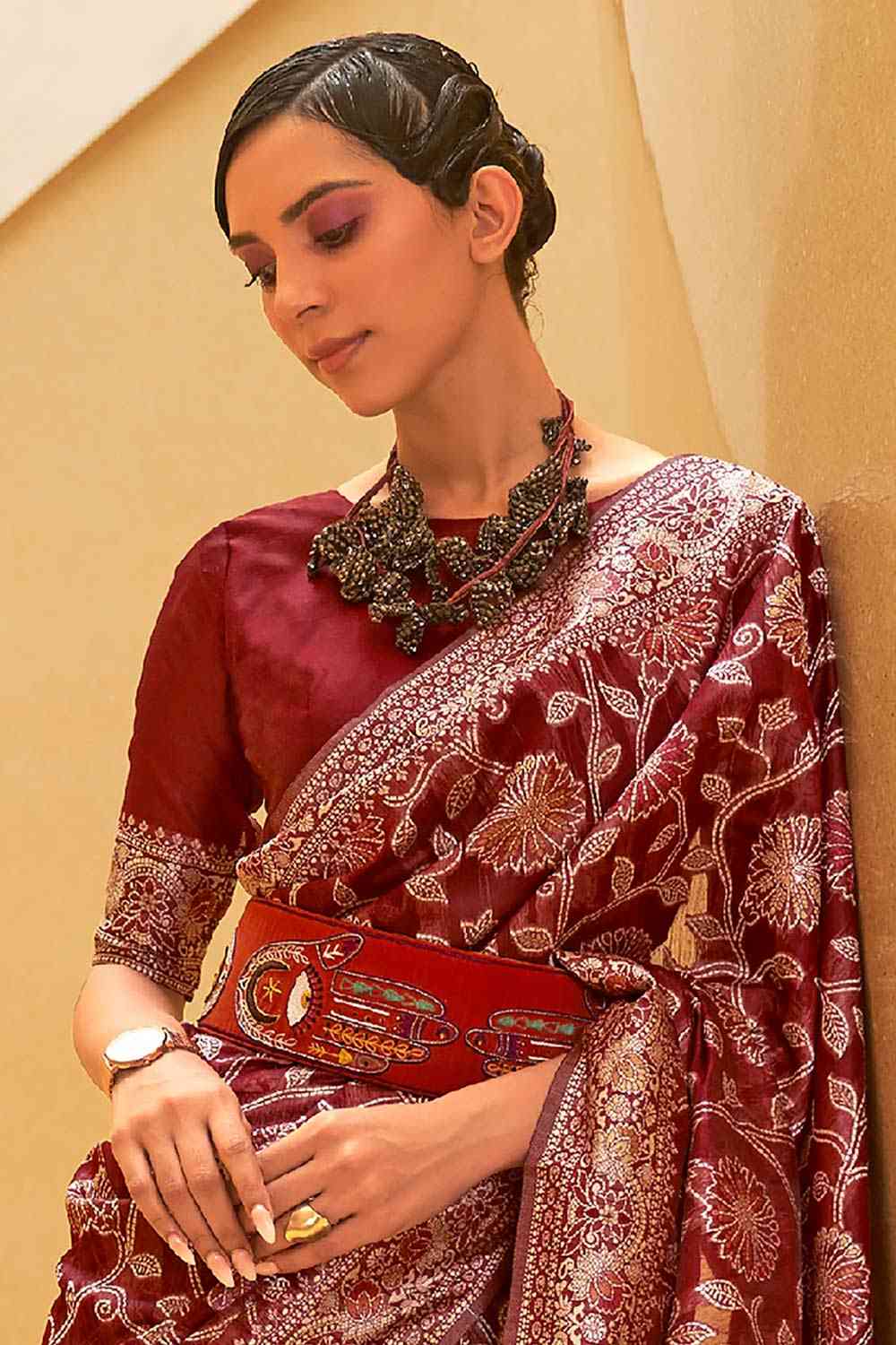 Buy Maroon Art Silk Ethnic Motif Design One Minute Saree Online - Front