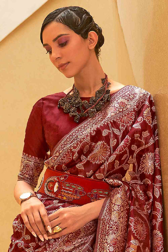 Buy Maroon Art Silk Ethnic Motif Design One Minute Saree Online - Front