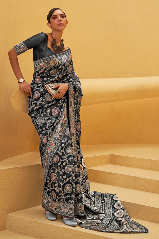 Buy Charcoal Grey Art Silk Ethnic Motif Design One Minute Saree Online