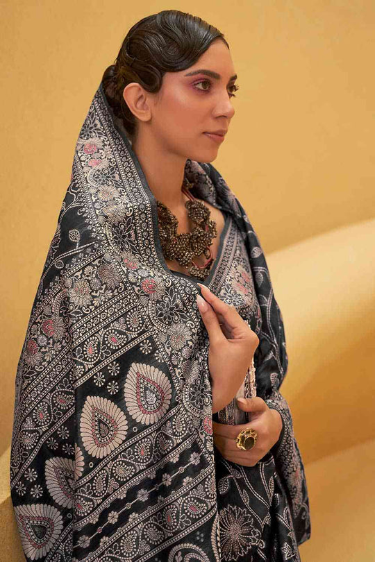 Buy Charcoal Grey Art Silk Ethnic Motif Design One Minute Saree Online - Back