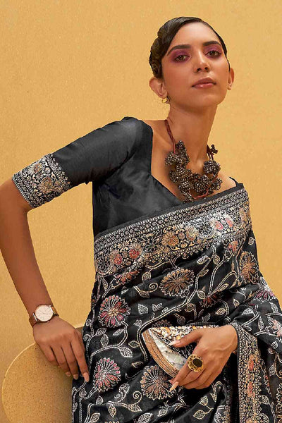 Buy Charcoal Grey Art Silk Ethnic Motif Design One Minute Saree Online - Front
