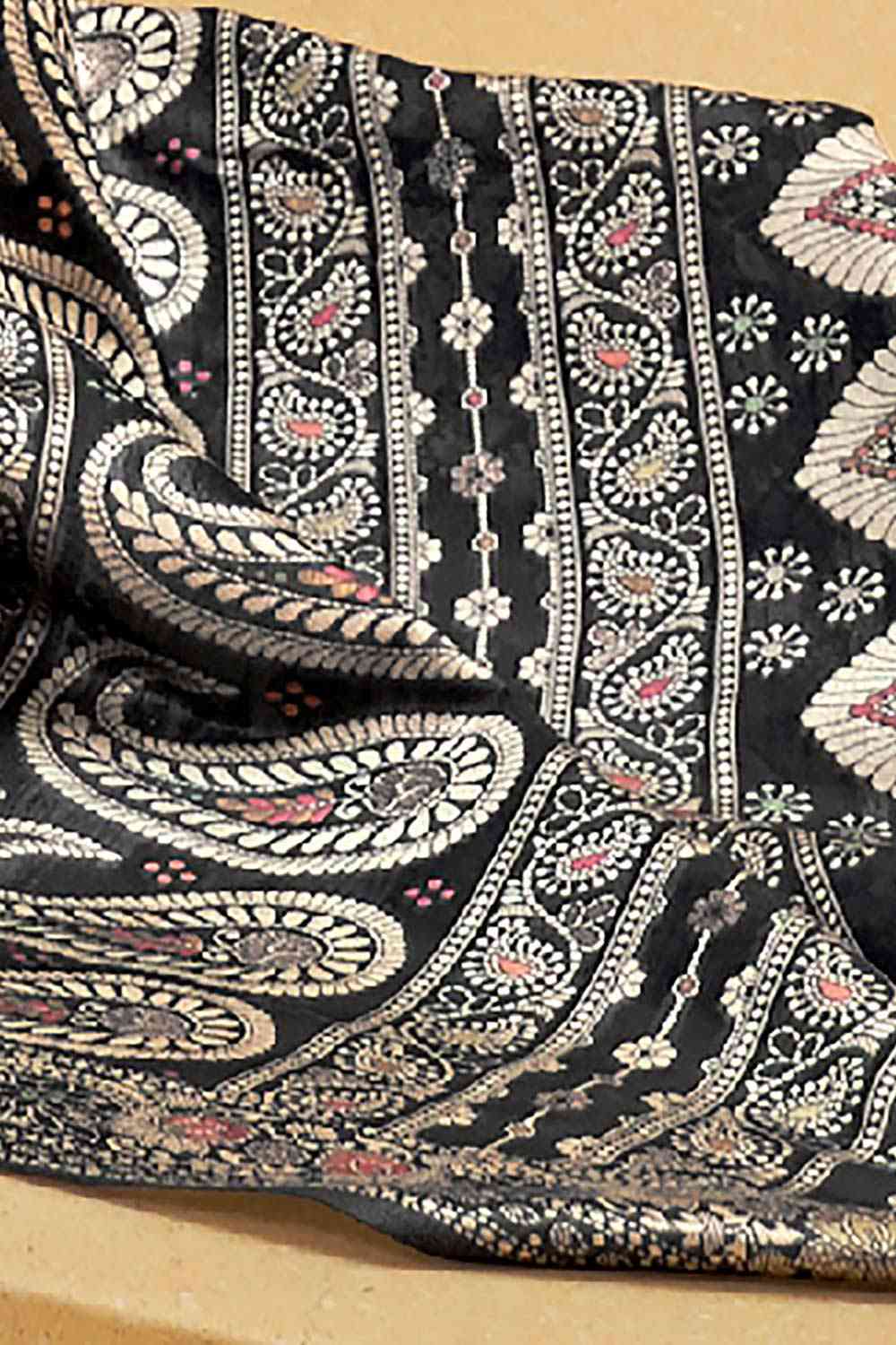 Buy Charcoal Grey Art Silk Ethnic Motif Design One Minute Saree Online - Side