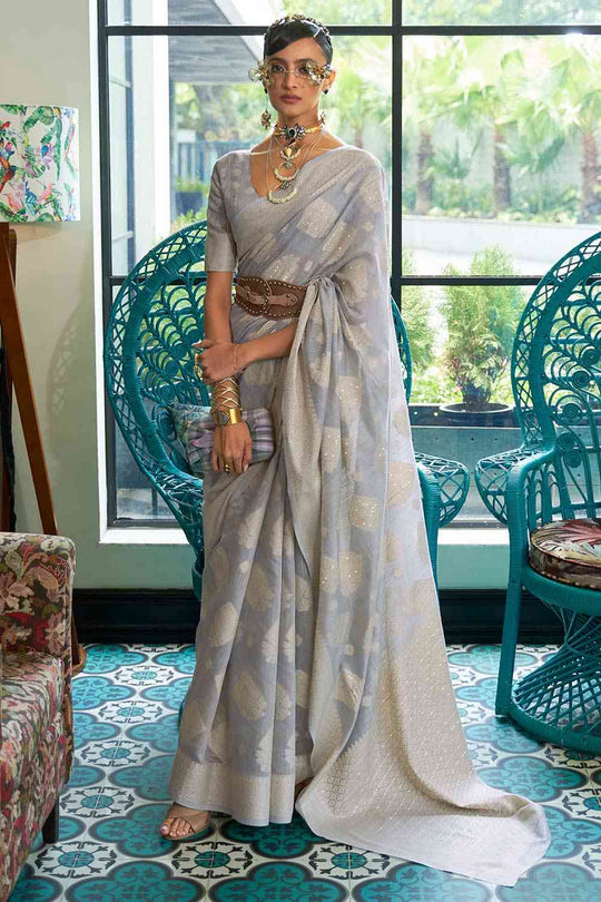Alisha Grey Silk Chikankari Ready to Wear One Minute Saree