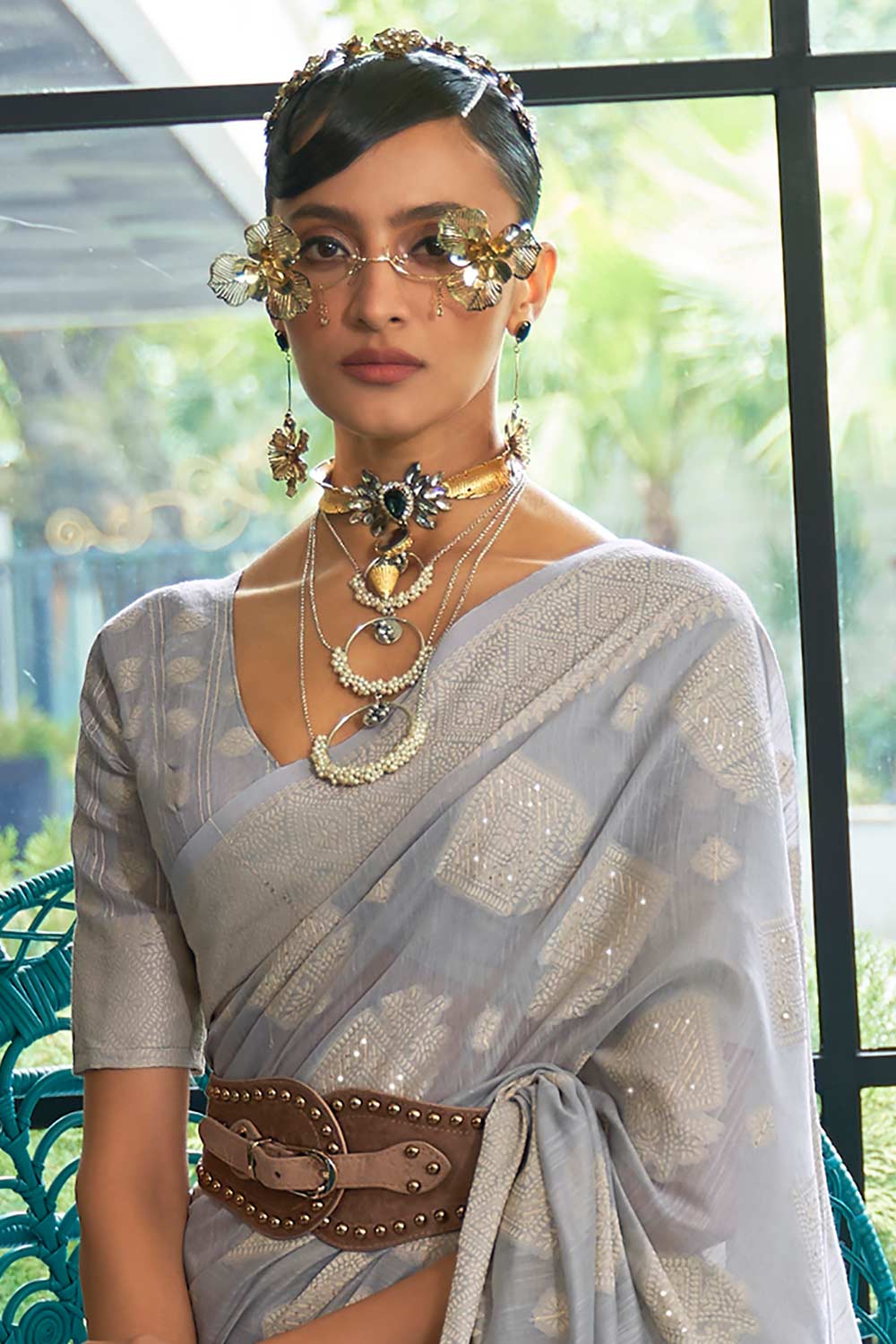 Alisha Grey Silk Chikankari Ready to Wear One Minute Saree