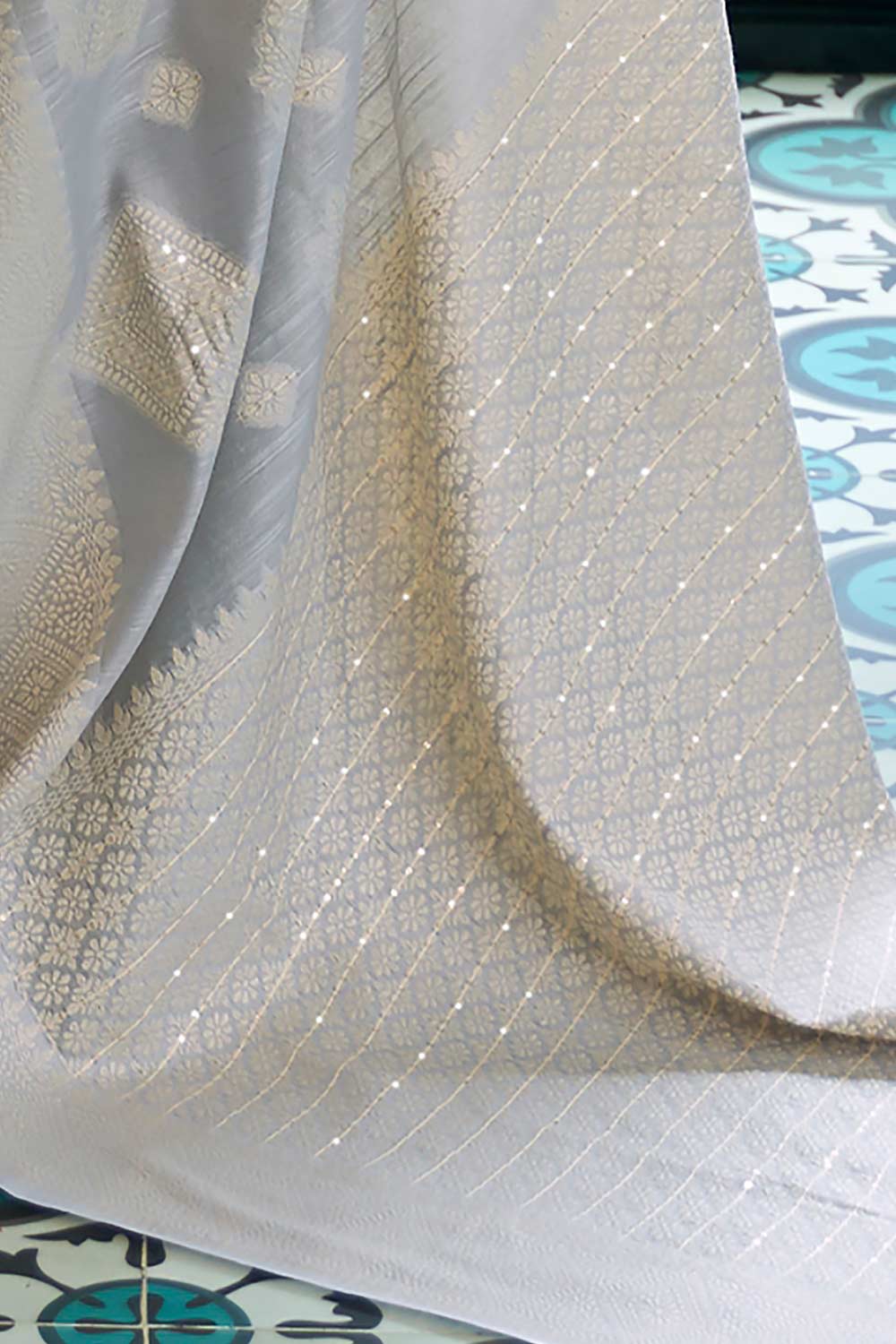 Alisha Grey Silk Chikankari Ready to Wear One Minute Saree