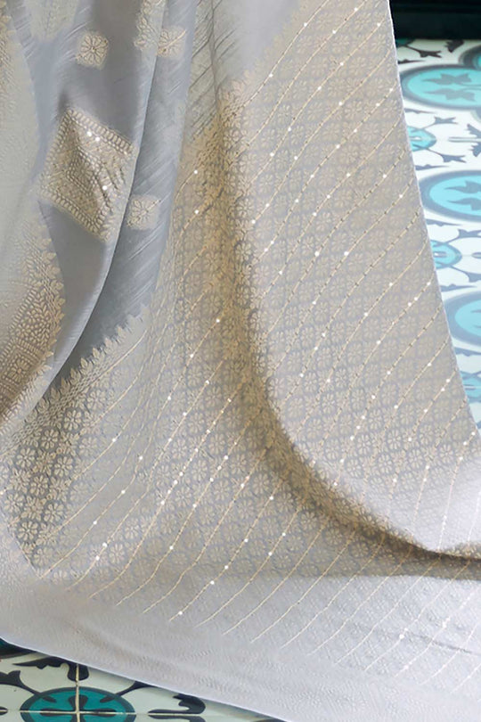 Alisha Grey Silk Chikankari Ready to Wear One Minute Saree