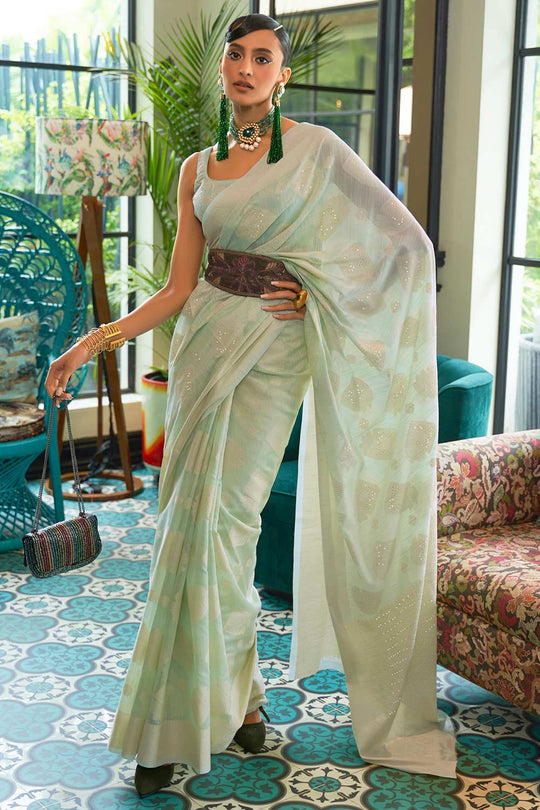 Nuri Green Silk Chikankari Ready to Wear One Minute Saree