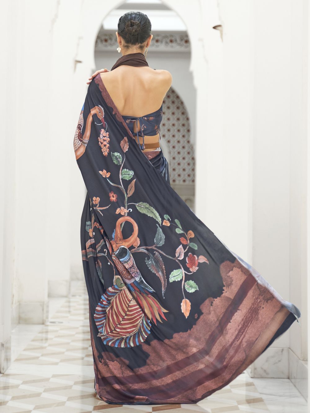 Zufia Black Crepe Pochampally Kalamkari One Minute Saree